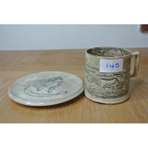 145 - A large antique mug farming scene a/f and an unusual Burselm plate inscribed 'A learned man I now ap... 