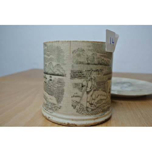 145 - A large antique mug farming scene a/f and an unusual Burselm plate inscribed 'A learned man I now ap... 