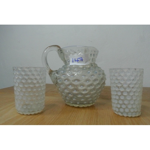 147 - A super antique hobnail glass water jug & pair of matching tumblers