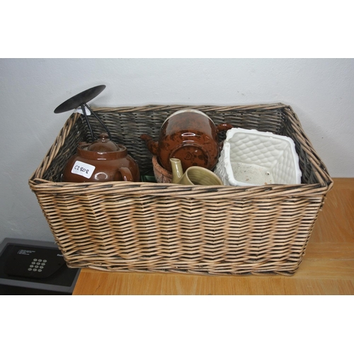 173 - A very good rectangular wicker basket and contents including a brown vintage ceramic teapot