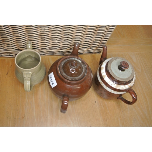 173 - A very good rectangular wicker basket and contents including a brown vintage ceramic teapot