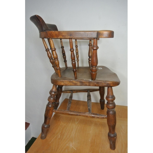 282 - Antique oak captain's office chair / smokers bow open armchair