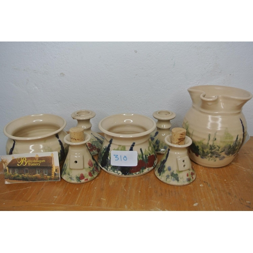 310 - A collection of antique ceramic items to include a jug, candlesticks and more produced by Ballydouga... 