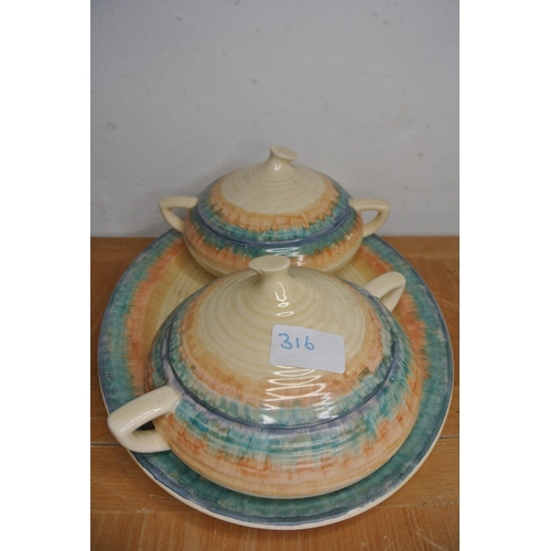 316 - A stunning pair of original Clarice Cliff 'Bizarre' range lidded vegetable dishes & serving tray.