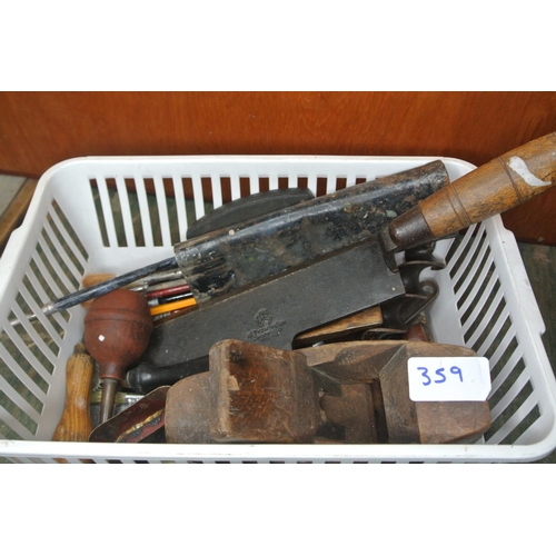 359 - A collection of various antique tools, to include Tyzack slater's axe, a vintage lathe, rulers, pain... 