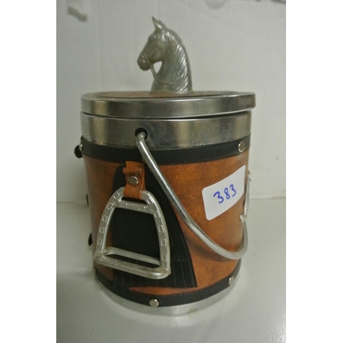 383 - A vintage ice bucket with leather coverings and horse details, along with two small dishes with equi... 