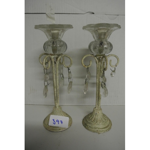 397 - Two metal candlesticks with crystal details