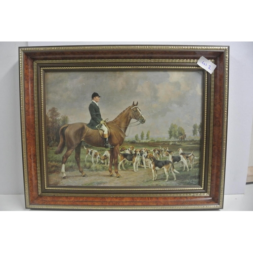 412 - A painting of a master of fox hounds in a beautifully detailed wooden frame