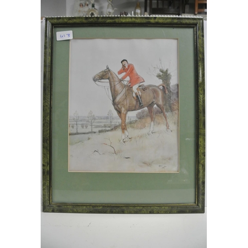 413 - A framed painting of a fox hunter signed 'Cecil Aldin'