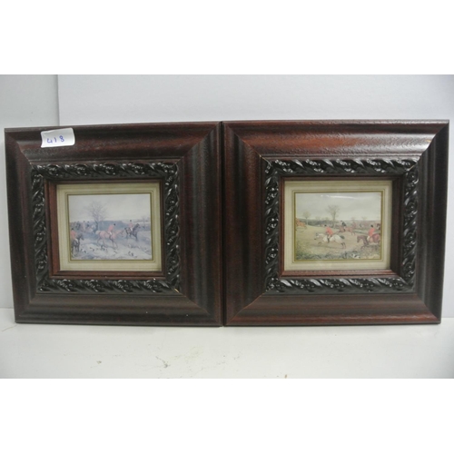 418 - Two antique prints of fox hunters in small wooden frames