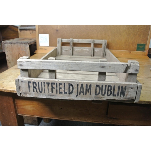 87 - A wooden crate reading 'Fruitfield Jam'