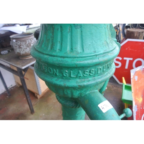 476 - A scarce antique cast iron cow tail pump painted green, reading 'WILSON GLASS DUNGANNON'