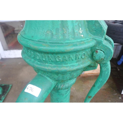 476 - A scarce antique cast iron cow tail pump painted green, reading 'WILSON GLASS DUNGANNON'