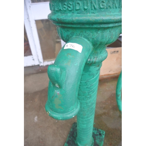 476 - A scarce antique cast iron cow tail pump painted green, reading 'WILSON GLASS DUNGANNON'