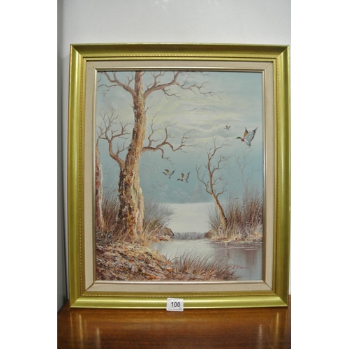 100 - A vintage framed painting of a forest scene with ducks, signed by J.Deanes.