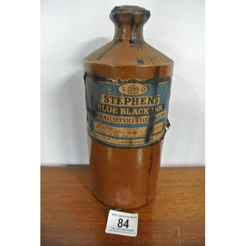 84 - An antique stoneware ink bottle complete with original ink reading, 'Stephen's Blue Black Ink.