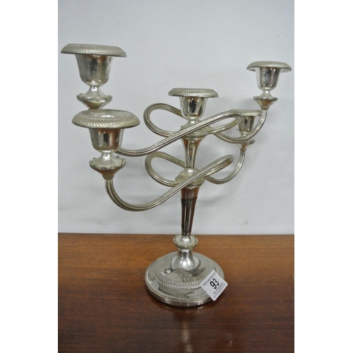 93 - A beautifully made silver plated five branch twisted candelabra.