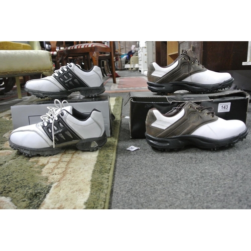 143 - A pair of size 7 UK Footjoy golfing shoes along with a pair of size 5 UK Slazenger golf shoes.