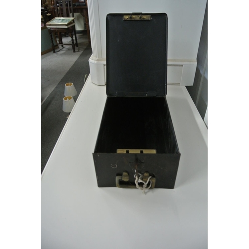 164 - An antique metal deed box with key.