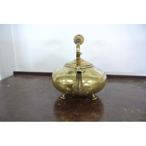 169 - A stunning antique brass kettle with amber glass handle.