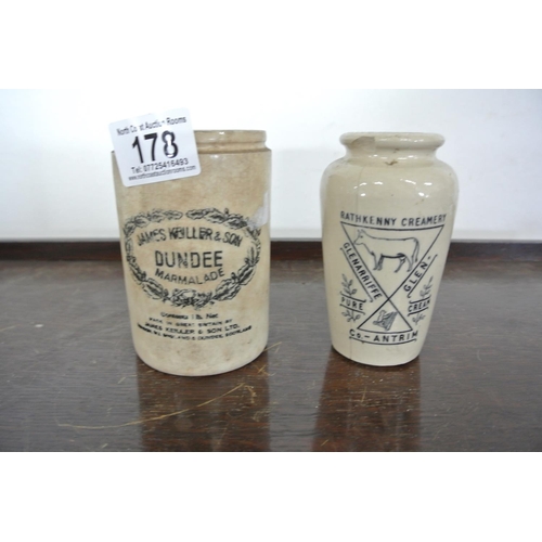 178 - An antique stoneware jar reading, 'James Keiller and sons - Dundee Marmalade. Along with another ant... 