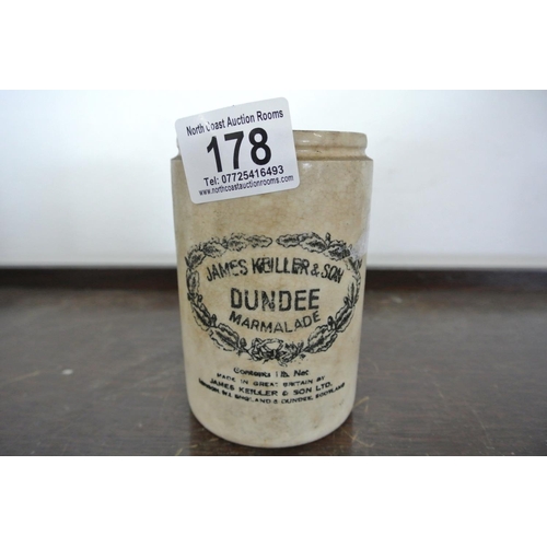 178 - An antique stoneware jar reading, 'James Keiller and sons - Dundee Marmalade. Along with another ant... 