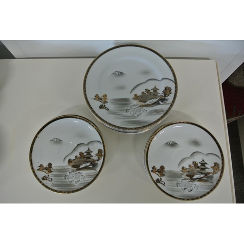 210 - A vintage set of five Geisha lithopane tea cups along with match saucers and side plates (some a/f).