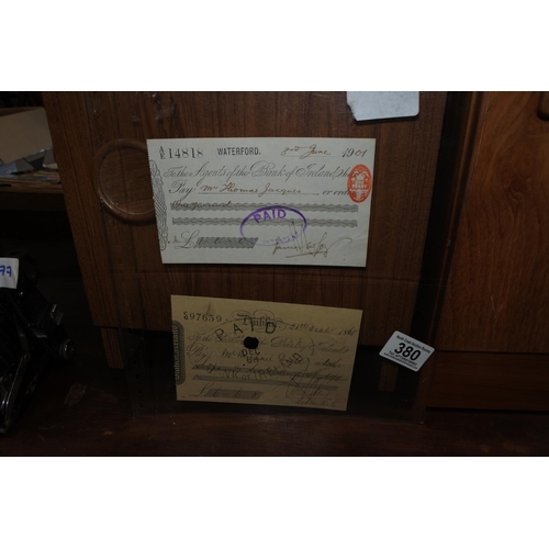 380 - An antique cheque to the agents of the Bank of Ireland 1901, along with an antique cheque to the cas... 