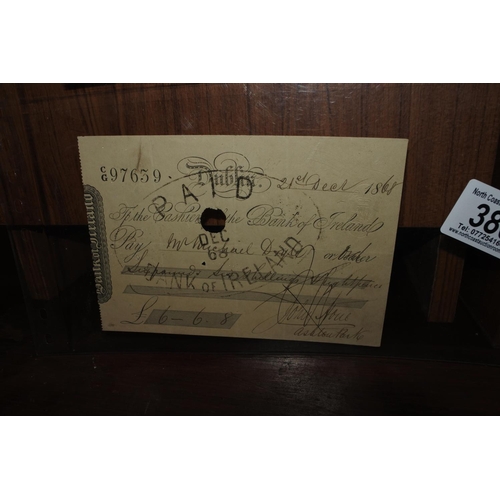 380 - An antique cheque to the agents of the Bank of Ireland 1901, along with an antique cheque to the cas... 