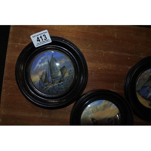 413 - An Antique Prattware Lid - sailing ships. Mounted in Frame.