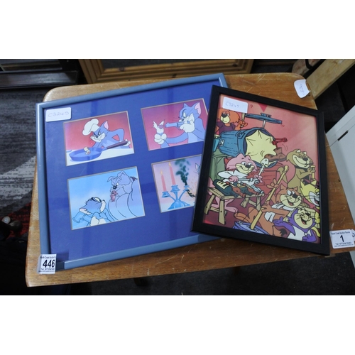 446 - Four Tom and Jerry cards framed along with a Top Cat framed print.