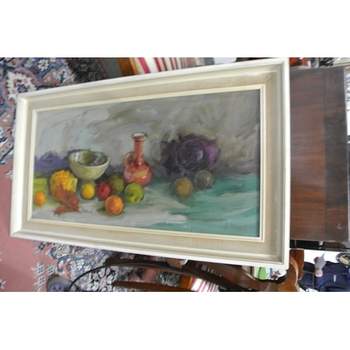 31 - A large framed painting of fruit signed by artist, a small framed painting of flowers along with a f... 