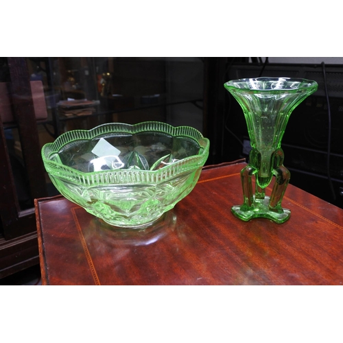 128 - A vintage uranium glass bowl and vase.