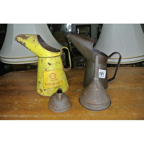 181 - A Shell Lubricants oil can, another oil can and two funnels.