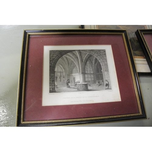 159 - Three antique framed prints, tilted 'L'entree De La Prison De La Conciergerie'. 'Chapelle De La Pris... 
