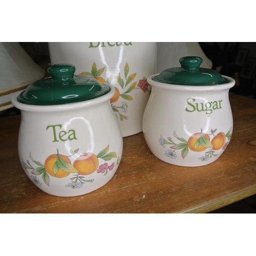 245 - A Cloverleaf 'Peaches and Cream', ceramic beard bin, tea jar, and sugar jar.