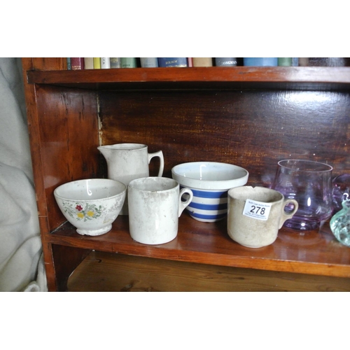 278 - An assortment of spongeware items to include two bowls, two teacups and a water jug.