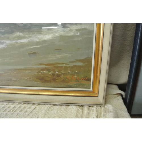296 - A large framed painting of a coastal scene, signed by artist 'GROIII'.