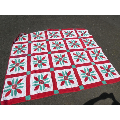 533 - A stunning antique Irish Red, Green & White patchwork blanket.