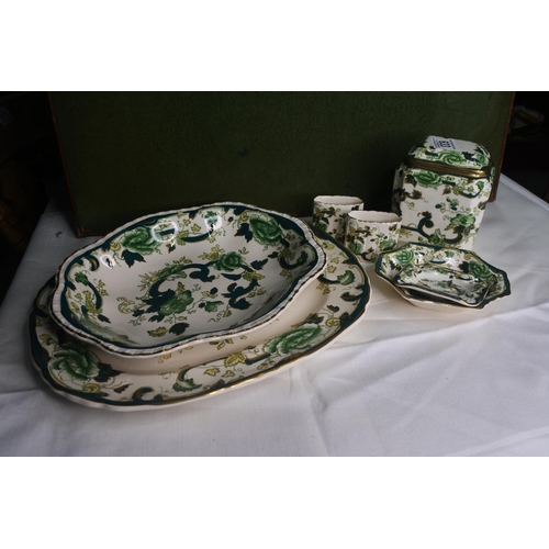 633 - A collection Masons Ironstone Green 'Chartreuse' to include ginger jar, platter & more.