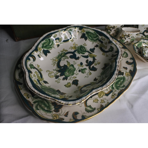 633 - A collection Masons Ironstone Green 'Chartreuse' to include ginger jar, platter & more.