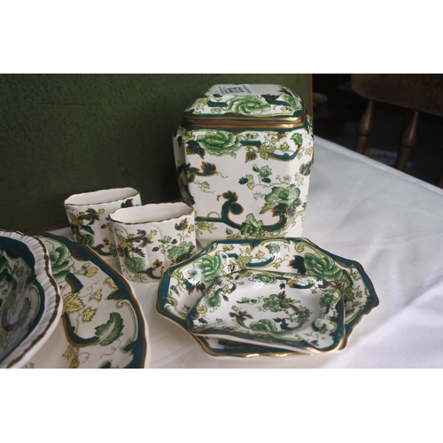 633 - A collection Masons Ironstone Green 'Chartreuse' to include ginger jar, platter & more.