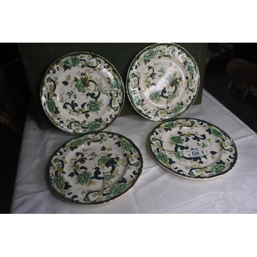 634 - A set of 4 Masons Ironstone Green 'Chartreuse' dinner plates.