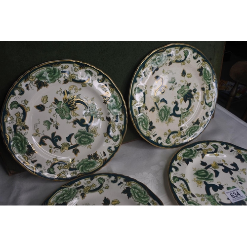 634 - A set of 4 Masons Ironstone Green 'Chartreuse' dinner plates.