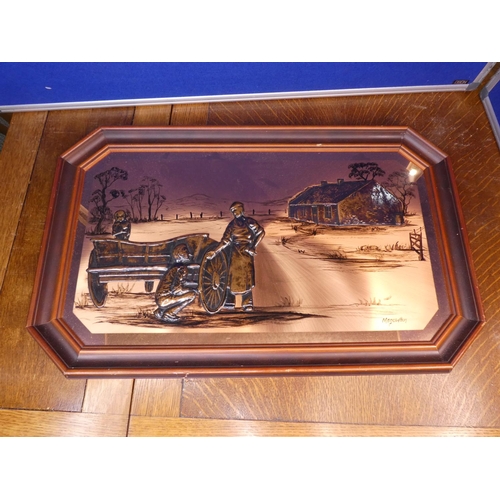 98 - A vintage framed copper farming scene, produced by Magowan.