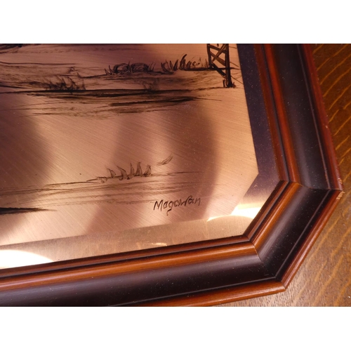 98 - A vintage framed copper farming scene, produced by Magowan.