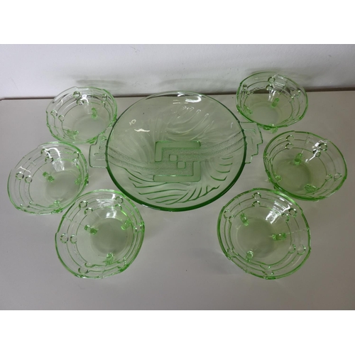 188 - A vintage/ Art Deco green glass desert set.