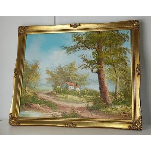 537 - A framed painting of a woodland scene, signed by artist.