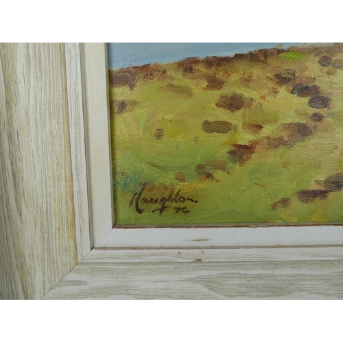 112 - A framed oil painting 'Rathlin Island' on a misty morning' by Irish artist Wilfred Haughton size 18