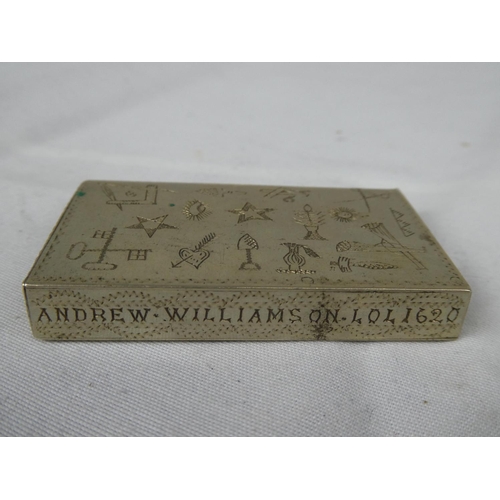 97 - A Masonic vesta cased, inscribed Andrew Williamson LOL 1620 with various Masonic symbols.